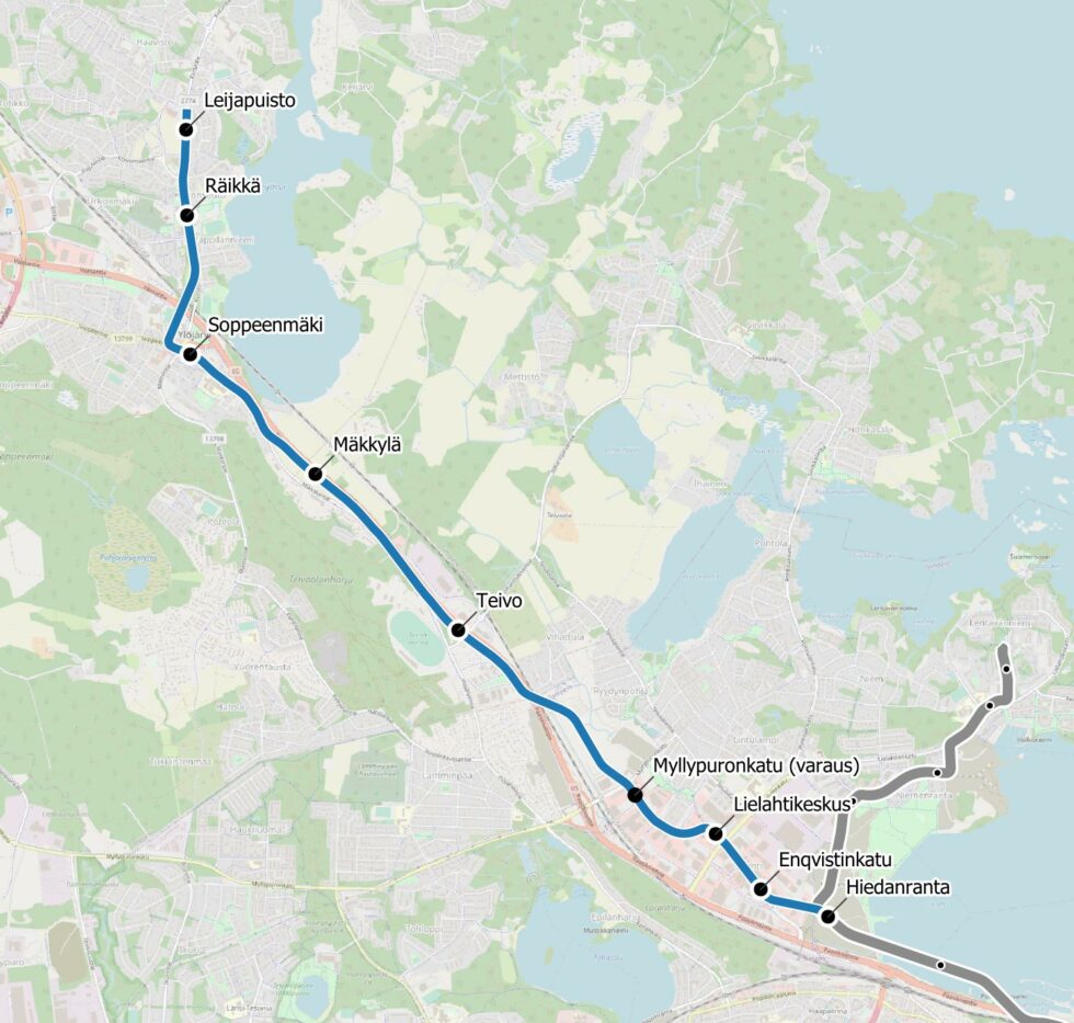 Karttaote Lielahti–Ylöjärvi-raitiotien yleissuunnitelmasta